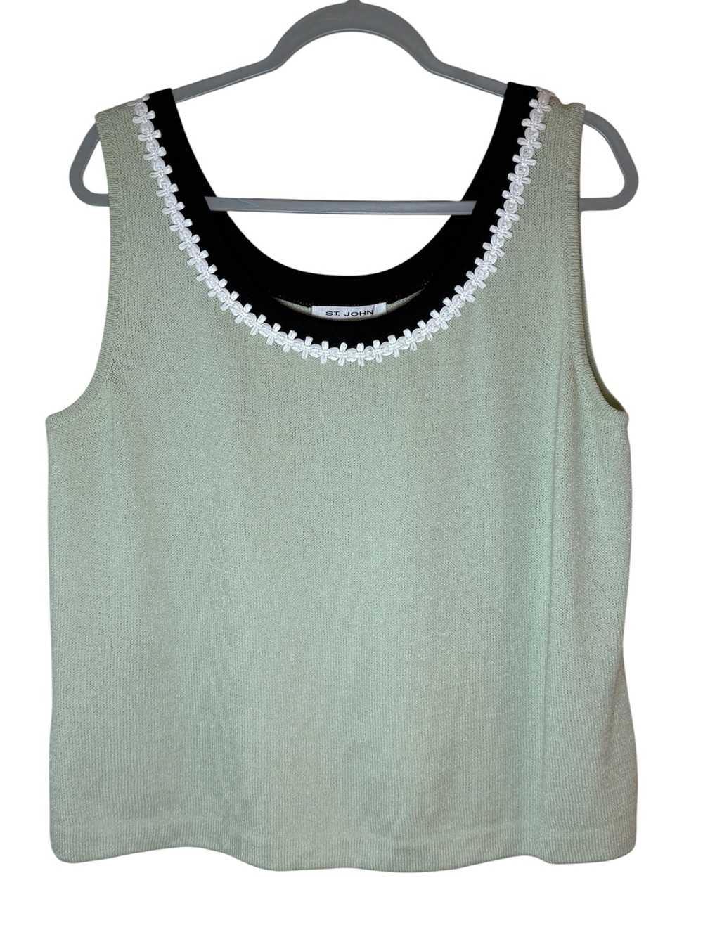 St. John Light Sage Knit Shell with Black Trim and White Floral Detail. Size Lg